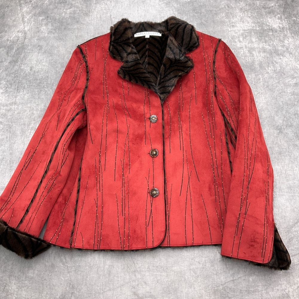 Robert Kitchen Jacket Women Small Red Brown Faux Fur‎ Lined Willow Buds Nature